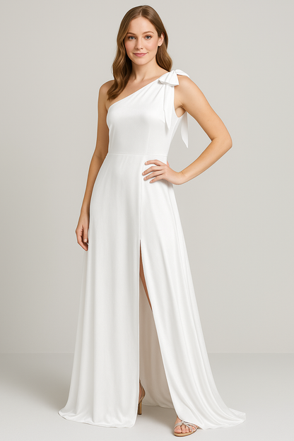 One-shoulder velvet bridesmaid dress for weddings, bow, long formal evening dress with slit Size S