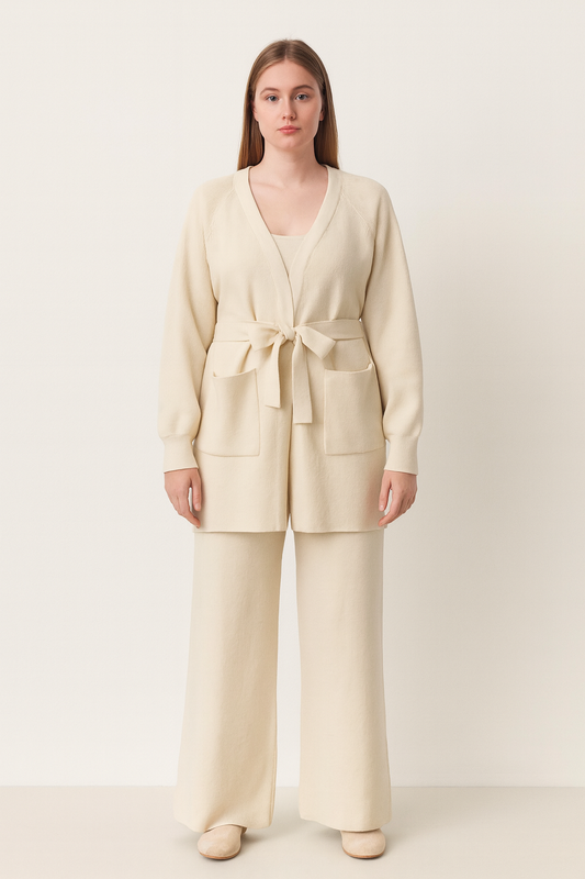 Women's Fall Winter 2 Piece Outfit Warm Cardigan with Belt Knitted Sweater Wide Leg Pants Going Out Loungewear Set Size M