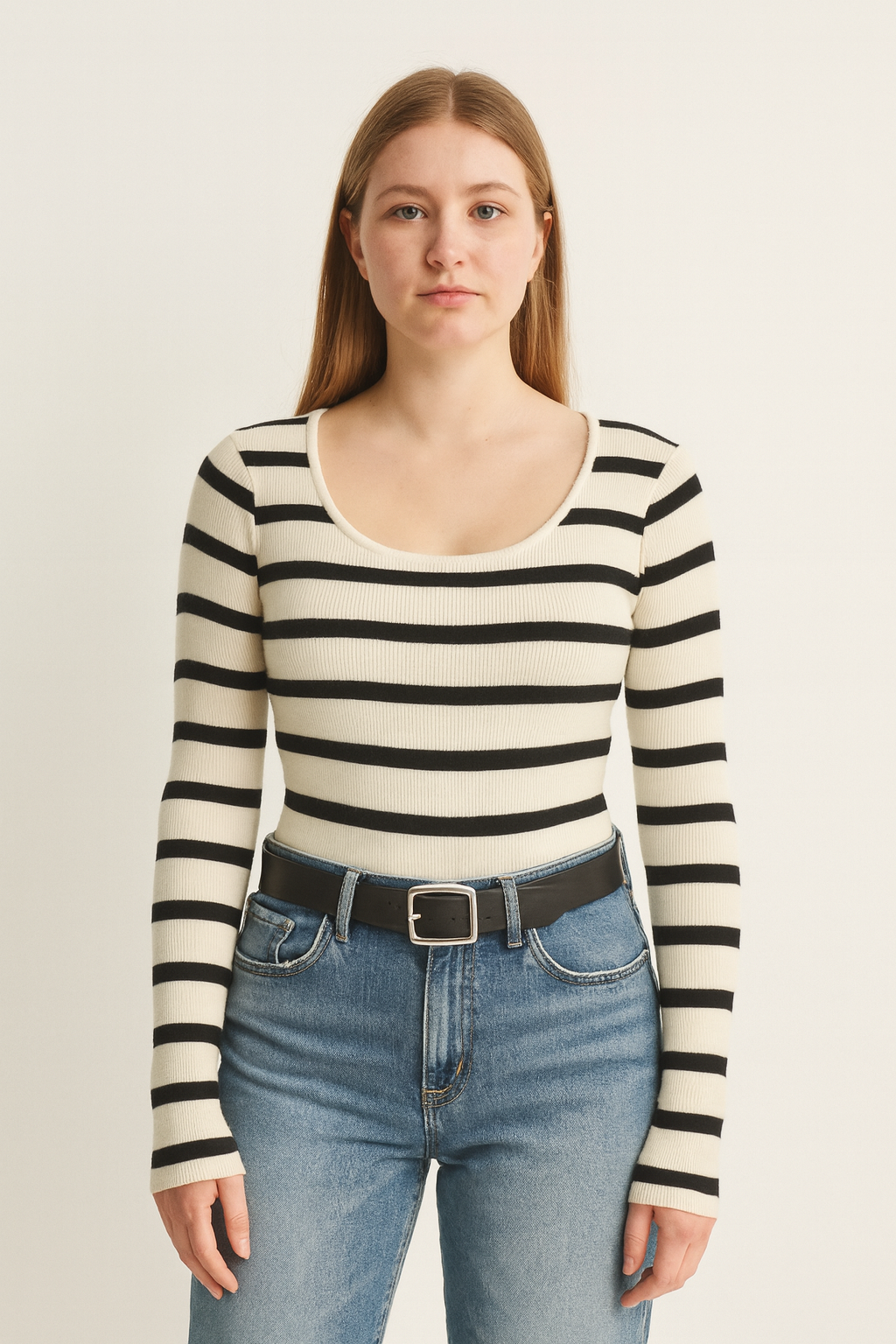 SHEIN Essnce Striped Pattern Scoop Neck Ribbed Knit Sweater,Long Sleeve Tops Size S