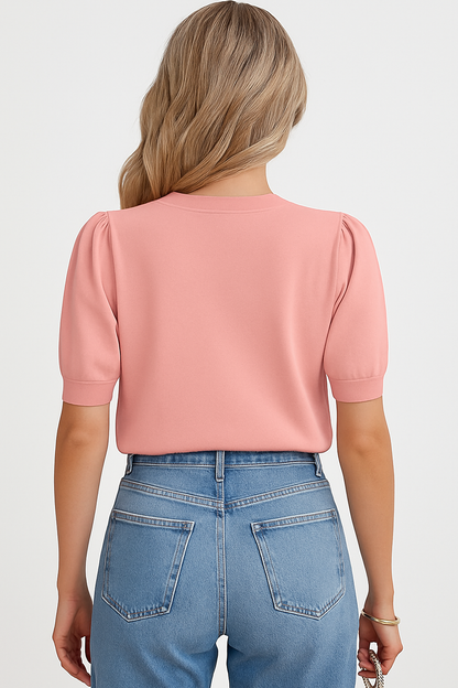 Womens Puff Short Sleeve Sweater Tops Crewneck Basic Knit Pullover Lightweight Solid Casual Sweaters BlouseSize No