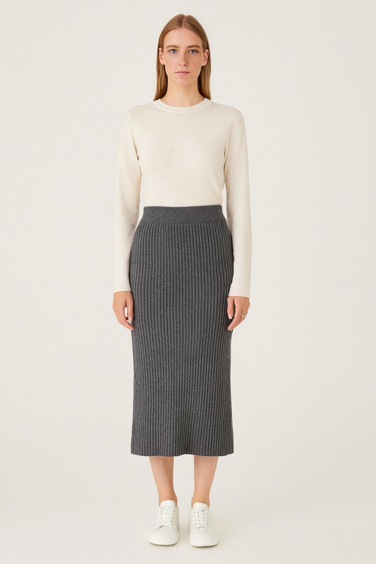 Women's All Season Wool Knit Skirt Office Striped Slit Midi SkirtSize M