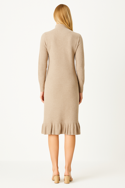 Women Mock Neck Ruffles Hem Mid Wool Dress Casual Solid Knit Fish Tail Pullover Dresses Size S