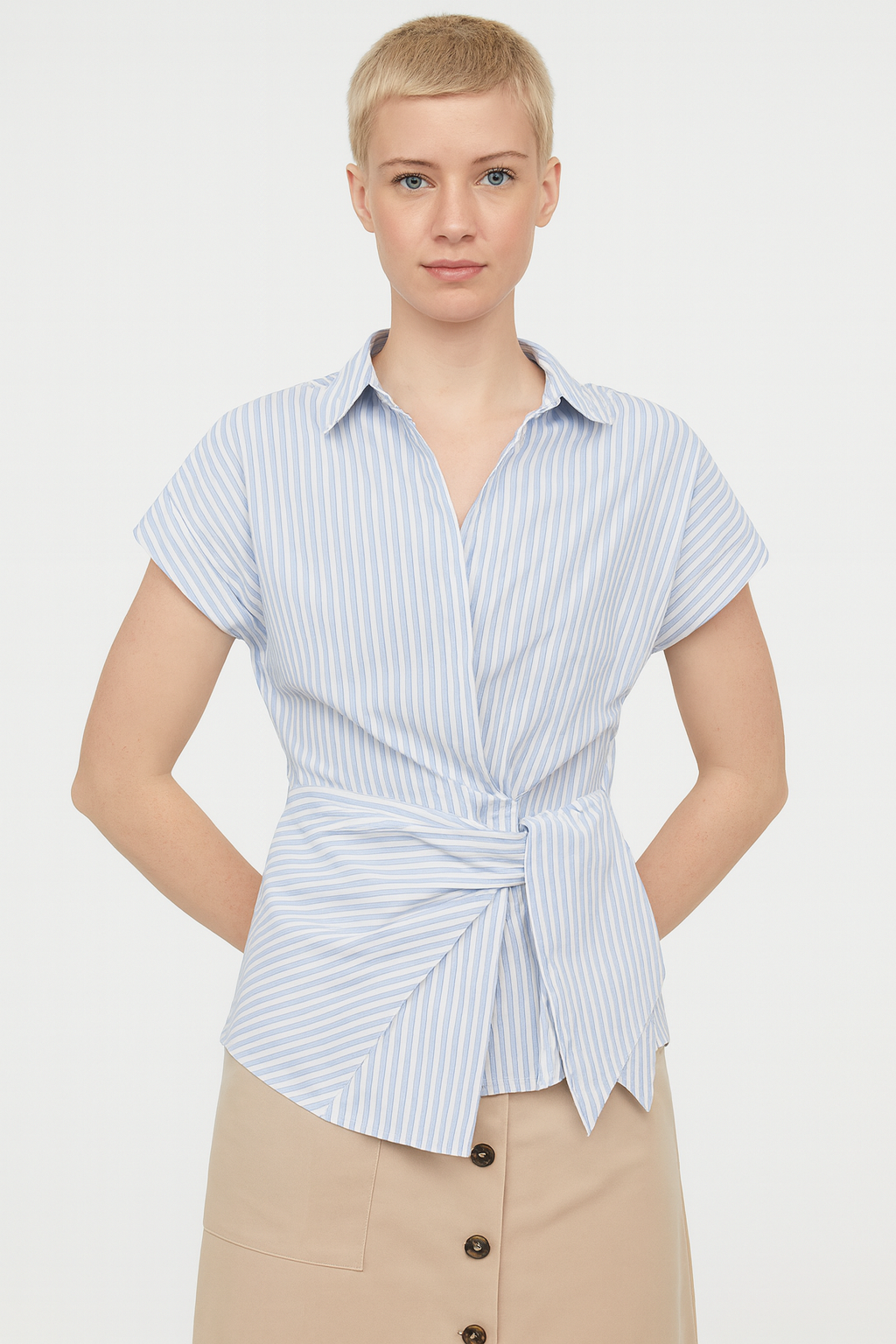 Women Lapel Single-Breasted Asymmetrical Lace Up Decorate Casual Shirt Female Short Sleeve Versatile Blouse Top Size No