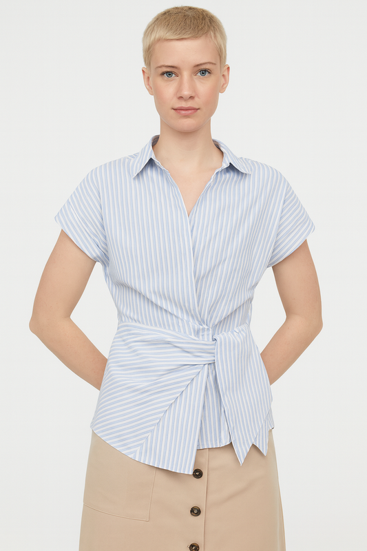 Women Lapel Single-Breasted Asymmetrical Lace Up Decorate Casual Shirt Female Short Sleeve Versatile Blouse Top Size No