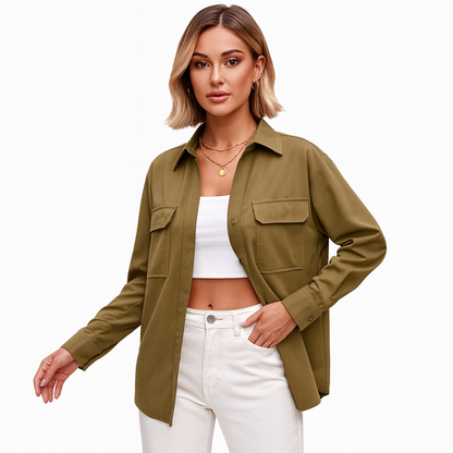 Womens Long Sleeve Tops Ladies Lightweight Jumpers, Women's Casual Fashion Double Pocket Loose Fitting Long Sleeved Solid Color Shirt Long Sleeve Top Women Promotions Size M