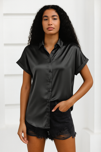 Womens Short Sleeve T Shirts Fashion V Neck Loose Tops Solid Casual Silk Blouses Size S