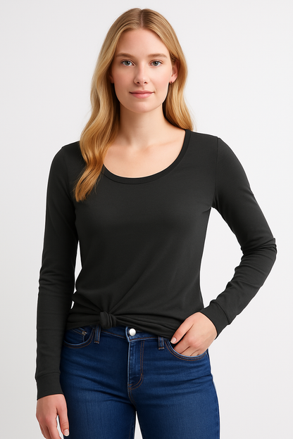 Fair Indigo Women's Organic Cotton Long Sleeve Scoop Neck T-Shirt Size No