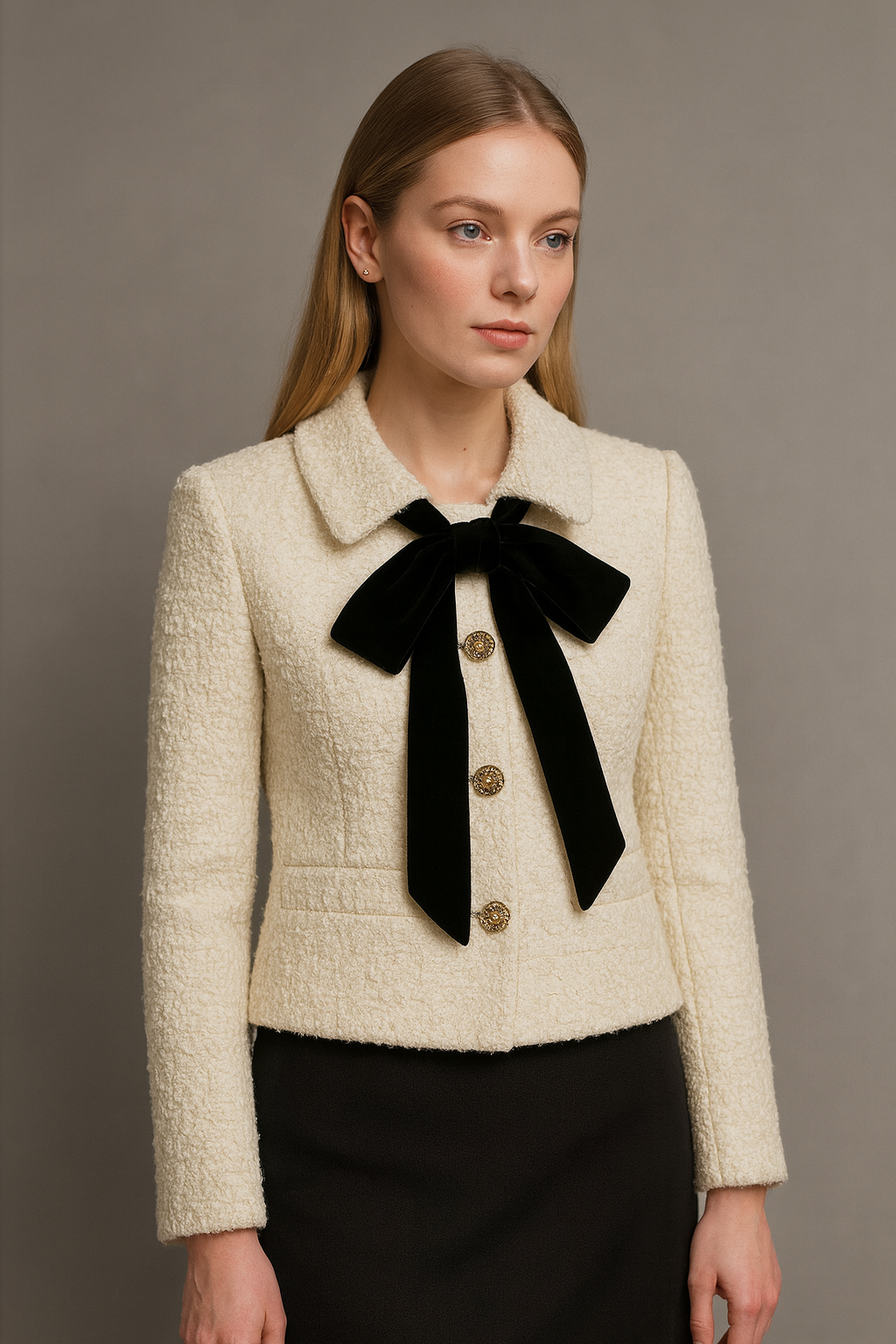 Women White Fragrant Jacket Retro Bow Ribbon Coat Flip Collar French Light Versatile Classic Top  size L