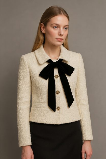Women White Fragrant Jacket Retro Bow Ribbon Coat Flip Collar French Light Versatile Classic Top  size L