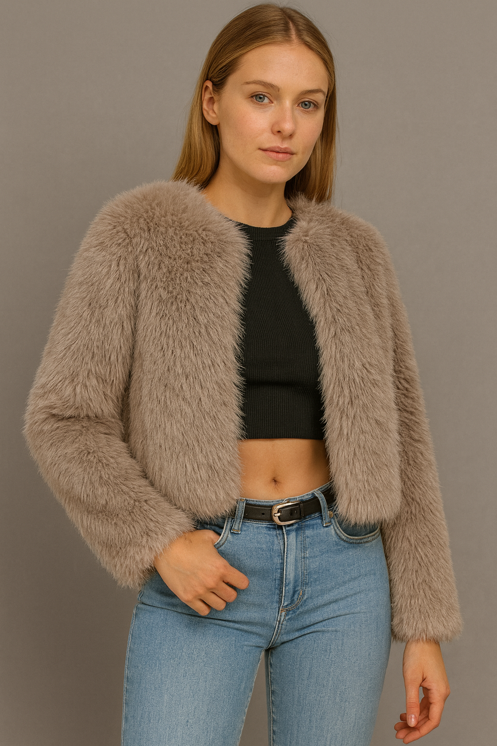 PRETTYGARDEN Women's 2025 Winter Coats Fleece Cropped Jacket Faux Fur Long Sleeve Pockets Shaggy Warm Outerwear Fall ClothesSize M