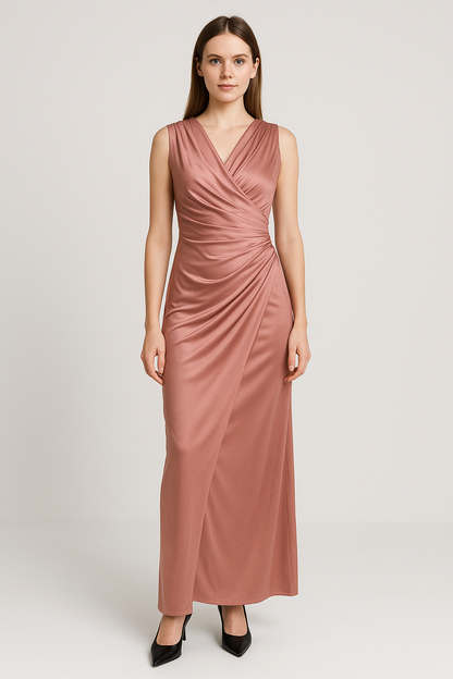 Women's One-Shoulder Silk-Blend Fit & Flare Gown – Elegant Ruched Evening Dress with Long Sleeve & V-Neckline Size M