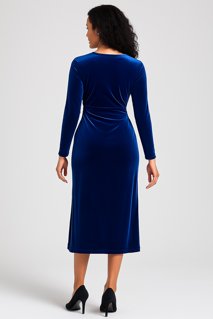 ROYAL MATRIX Women Velvet Dress Wrap V Neck Long Sleeve Maxi Dress Ruched Asymmetrical Midi Dress for Wedding Guest Size M