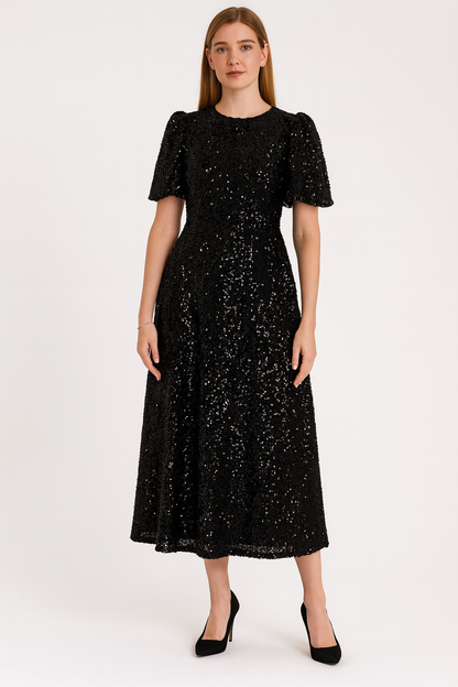 AOMEI Women's Black Puff Sleeve Velvet Glitter Embroidery Sequin Long Dress  Size M