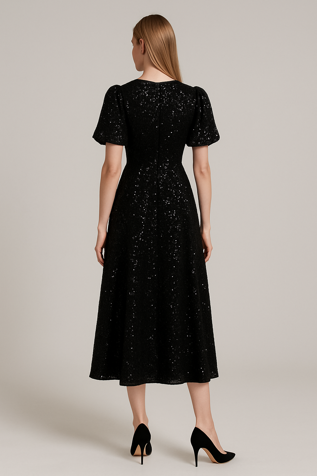 AOMEI Women's Black Puff Sleeve Velvet Glitter Embroidery Sequin Long Dress  Size M