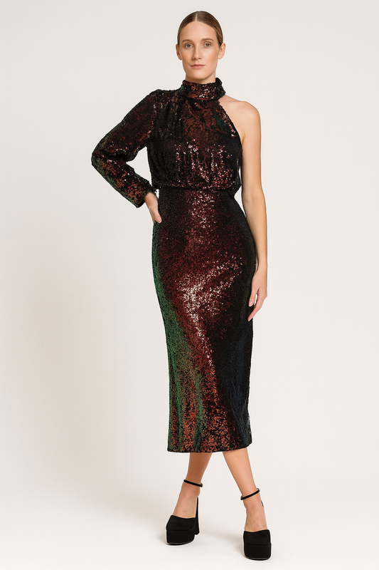 Women's 2023 Sexy One Shoulder Long Sleeve Sequin Cocktail Dress Split Bodycon Sparkly Glitter Club Party Midi Dresses Size No