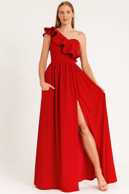 Womens One Shoulder Strap Ruched Ruffle Split Formal Evening Maxi Dress Cocktail Party Prom Dresses Ladies Ball Gown  Size S