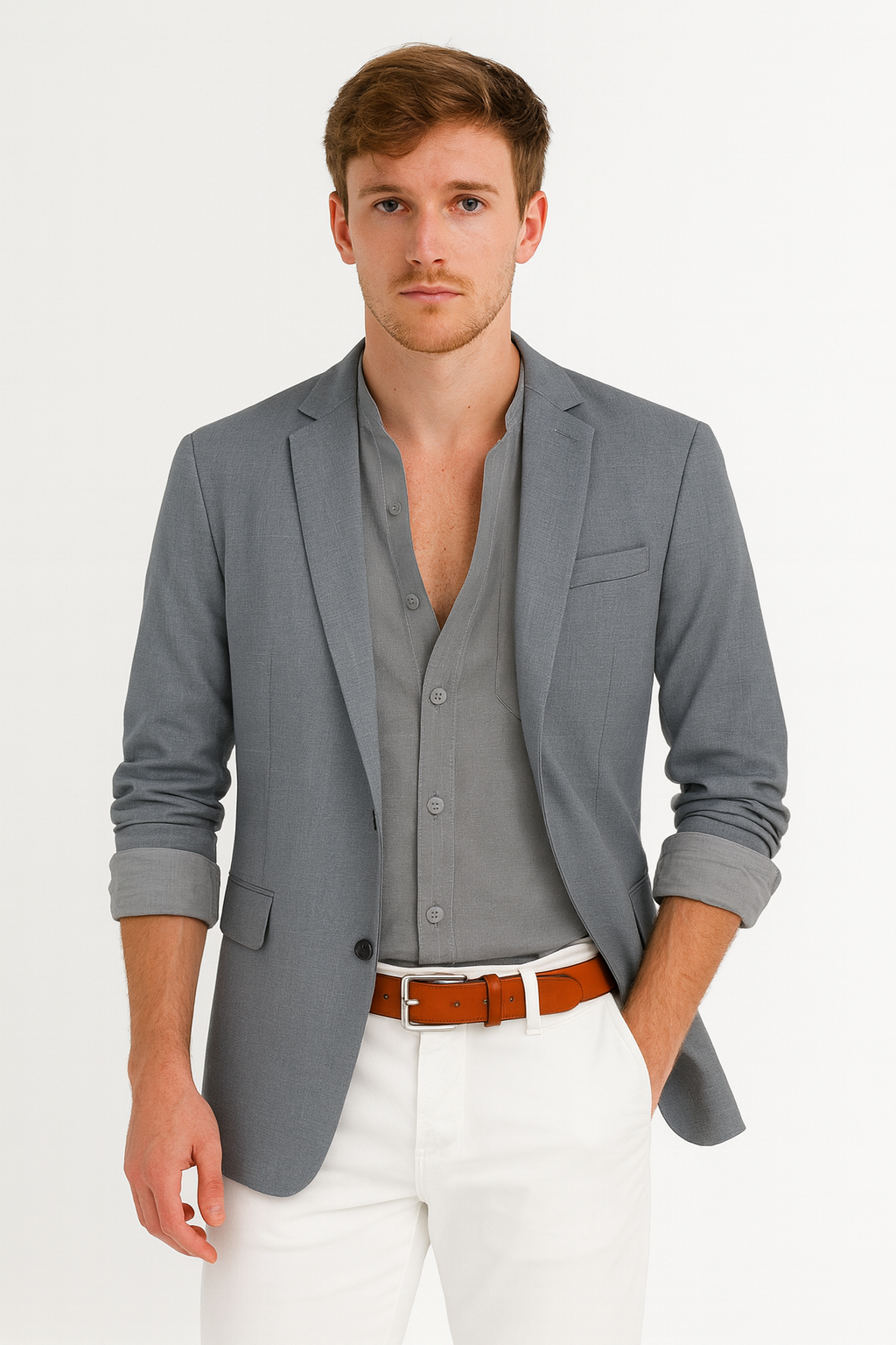 Mens Suit Jacket Casual Notched Lapel Collar Open Front Blazer Roll Up Sleeve Slim Fit Business Office Coats Size M