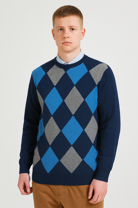 Kallspin Men's Crewneck Argyle Knit Jumpers Wool Blend Long Sleeve Sweater Pullovers Size L