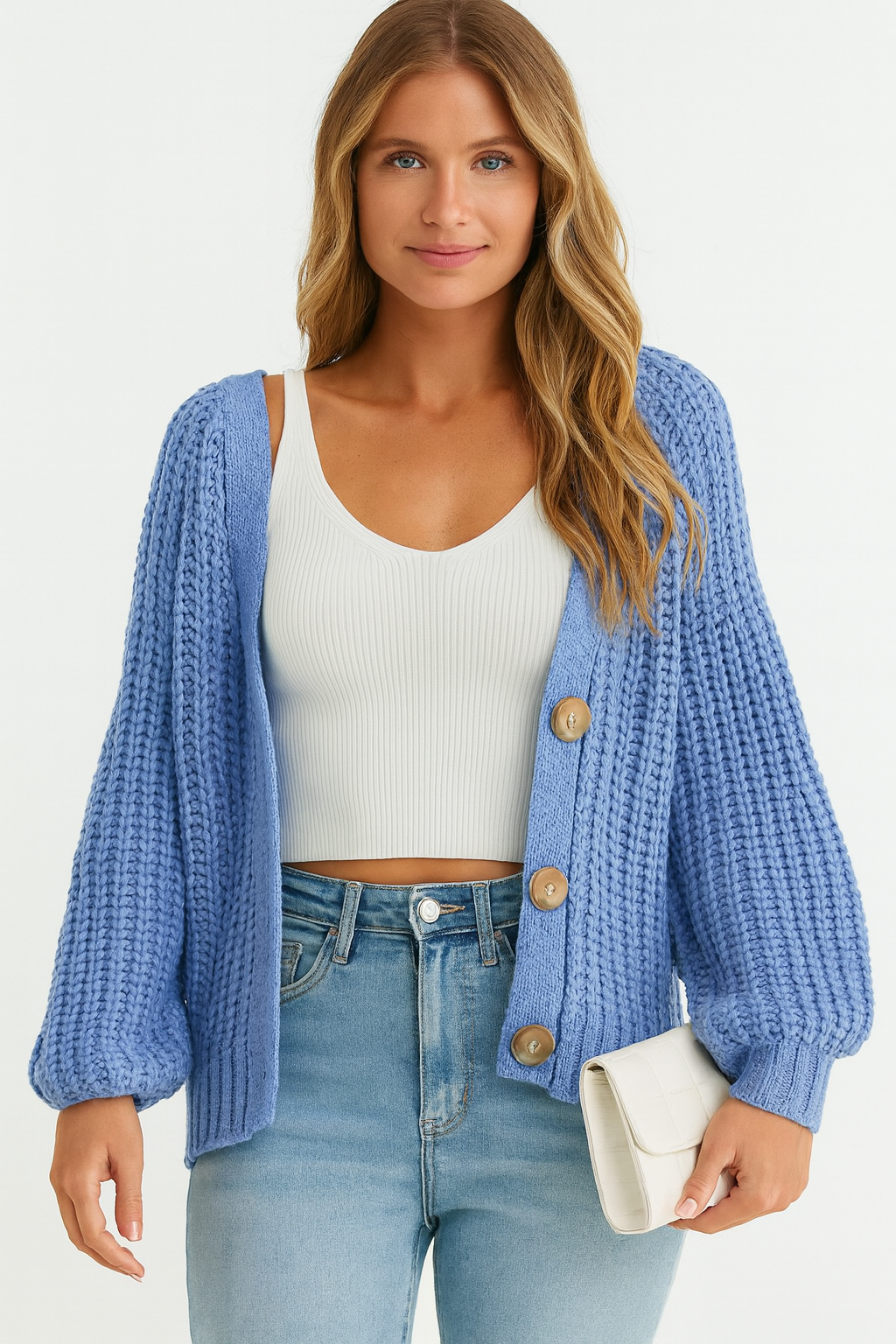 Womens Chunky Cardigan Knit Open Front Sweater Long Sleeve Button Up Cropped Cardigans Sweater Outerwear Coats, Size S