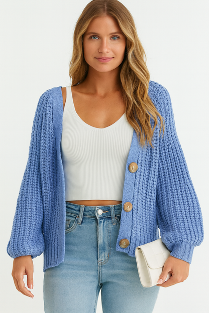 Womens Chunky Cardigan Knit Open Front Sweater Long Sleeve Button Up Cropped Cardigans Sweater Outerwear Coats, Size S