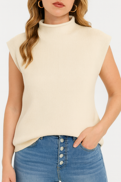 Women's Solid Sleeveless Vest Elegant High Neck Stretchable Cap Sleeve Knit Sweater Topss Size S
