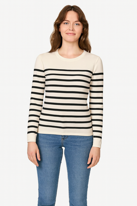 Alloaone Women's Round Neck Knitted Sweater Bottom Wool Pullover Stripe Top Size S