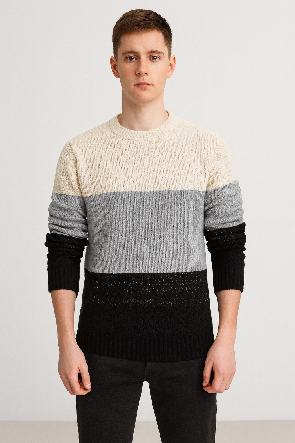 Men's Crewneck Pullover Sweater Winter Color Block Striped Sweater Soft Thermal Knitted Casual Long Sleeve Sweaters size L