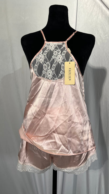 Sexy Women's Pajama Set Spaghetti Strap Top with Pants Nightgown Lingerie Lace Trimmed Short Sleeve Sleepwear Negligee Satin Night Dresses Sleep Dress size S