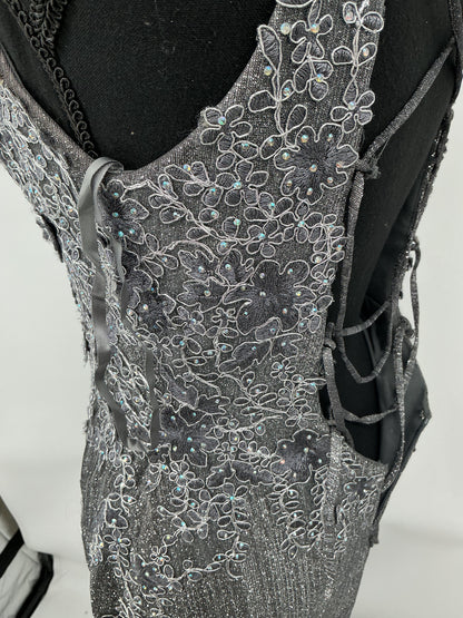 Gray Long Dress with Silver Floral Patterns Size M