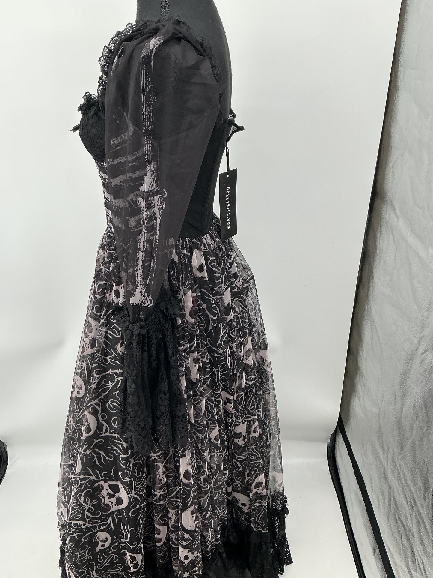 Black Gothic Long Dress with Skull Pattern - Size S