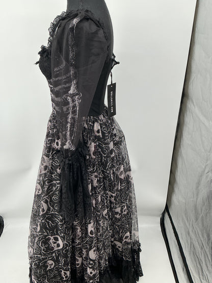 Black Gothic Long Dress with Skull Pattern - Size S