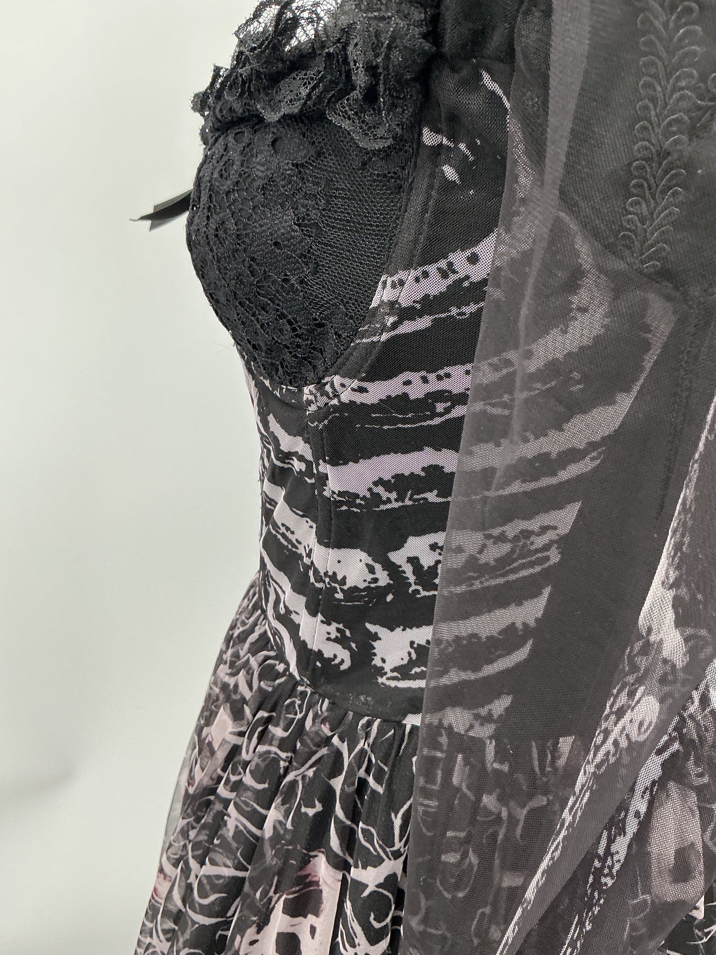 Black Gothic Long Dress with Skull Pattern - Size S