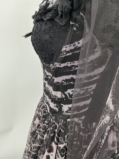 Black Gothic Long Dress with Skull Pattern - Size S