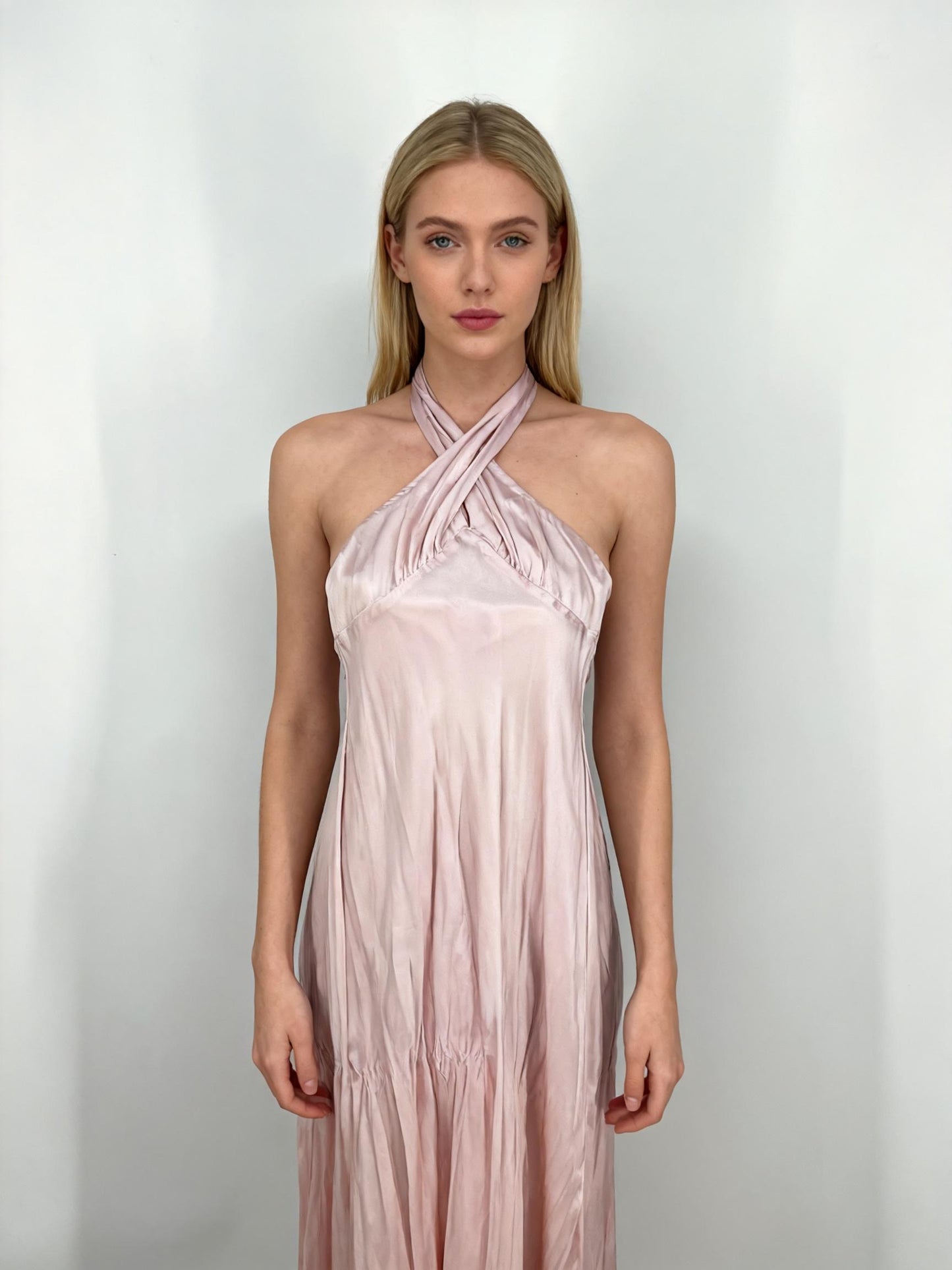 Women's Light Pink Tie-Waist Silk Fitted Dress – Size XS