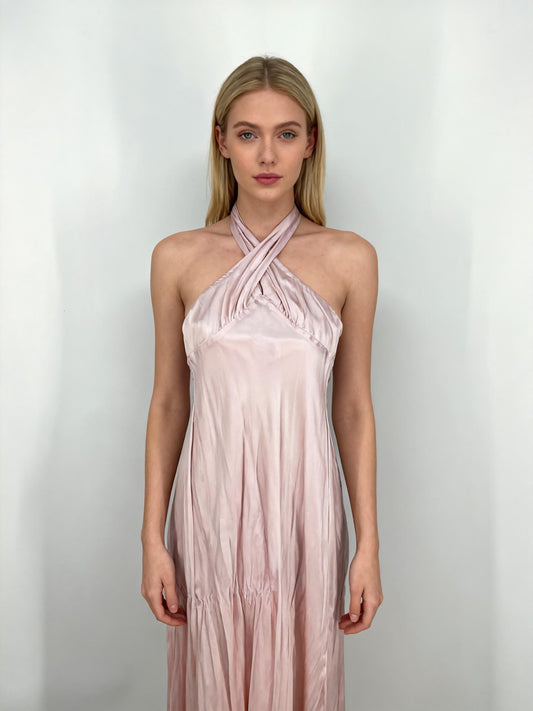 Women's Light Pink Tie-Waist Silk Fitted Dress – Size XS