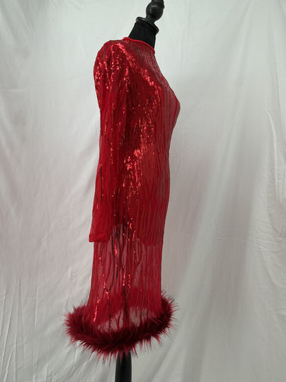 Red textured Dress With Feather Hem Size L
