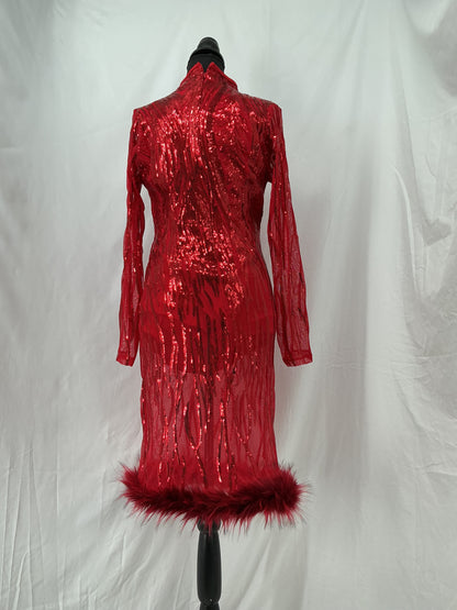 Red textured Dress With Feather Hem Size L