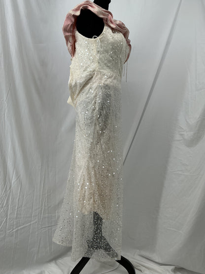 White Sequin Dress With Pink Scarf Size L