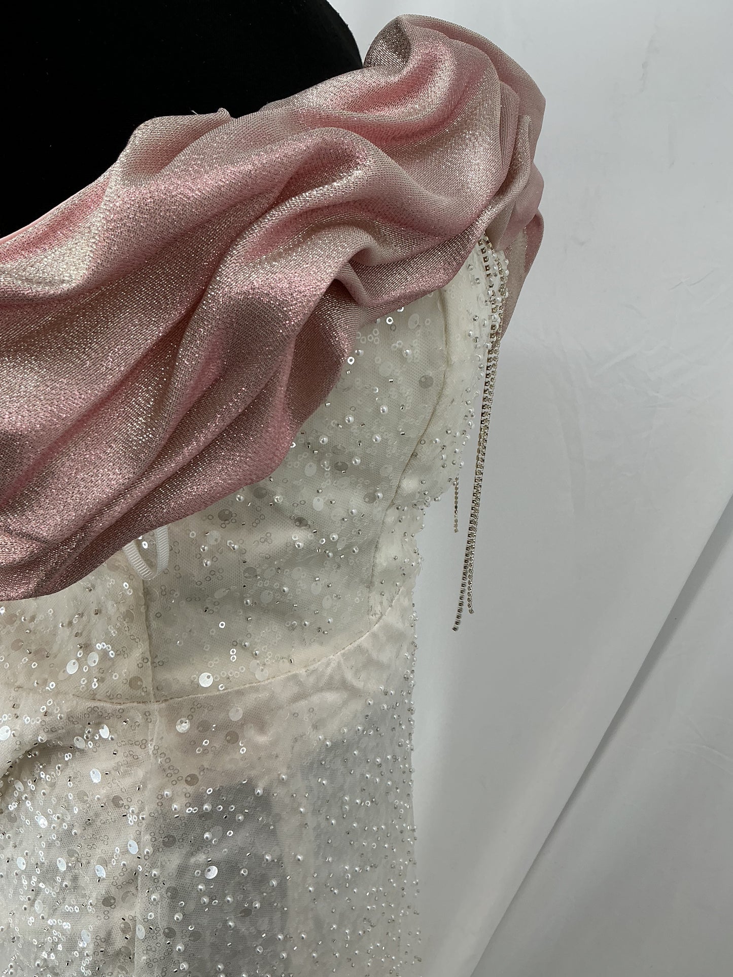 White Sequin Dress With Pink Scarf Size L