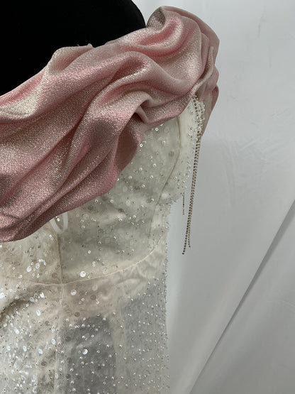 White Sequin Dress With Pink Scarf Size L