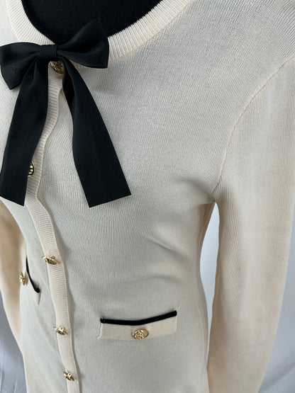 Ivory Button-Front Knit Dress with Contrast Bow Detail Size 4