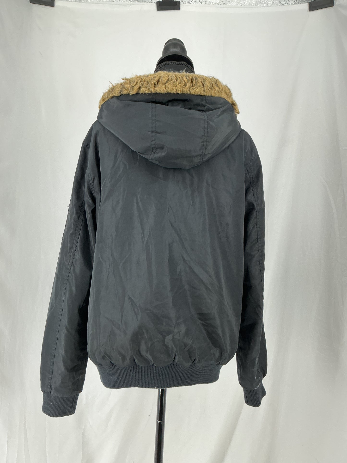 Black Hooded Utility Bomber Jacket with Faux Fur Trim Size M