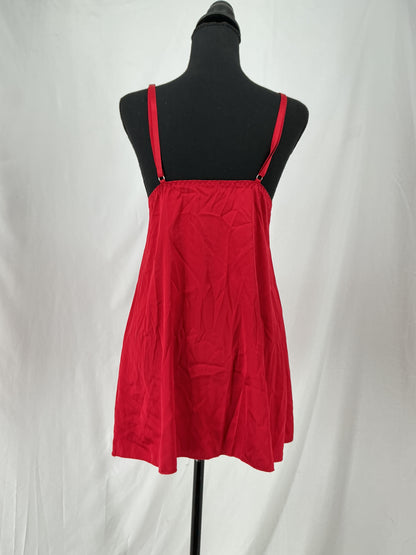Cherry Red Satin V-Neck Chemise with Delicate Lace Detail Size M