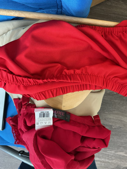 Cherry Red Satin V-Neck Chemise with Delicate Lace Detail Size M