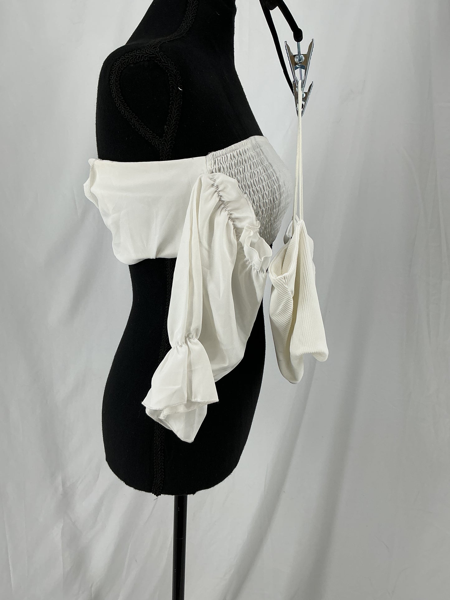 SHEIN White Ribbed Crop Top with Smocked Bodice and Ruffle Sleeves Size XS