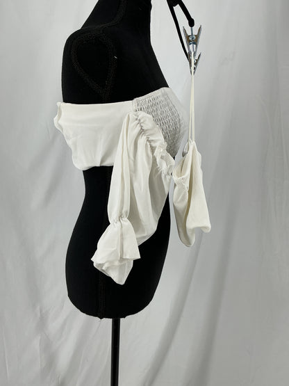 SHEIN White Ribbed Crop Top with Smocked Bodice and Ruffle Sleeves Size XS