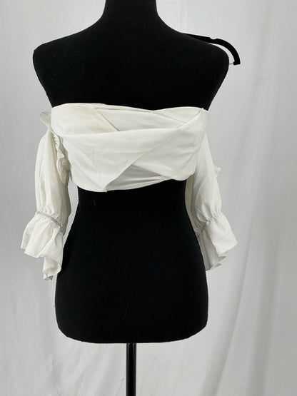 SHEIN White Ribbed Crop Top with Smocked Bodice and Ruffle Sleeves Size XS