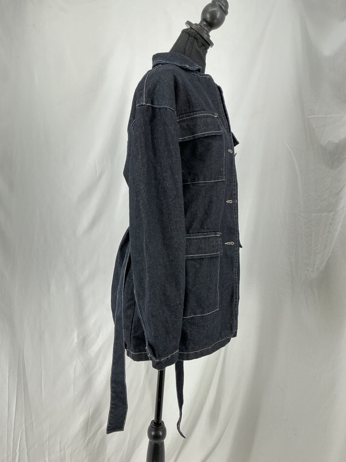 FOREVER 21 Contrast Stitch Black Denim Field Jacket with Tie Belt Size S