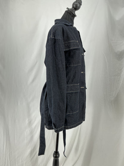 FOREVER 21 Contrast Stitch Black Denim Field Jacket with Tie Belt Size S