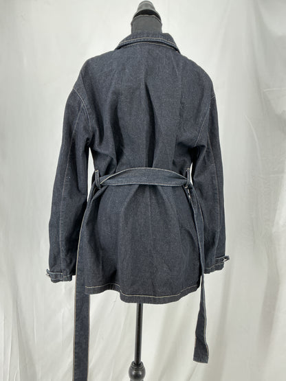 FOREVER 21 Contrast Stitch Black Denim Field Jacket with Tie Belt Size S
